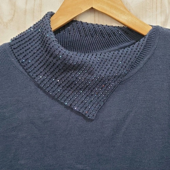 Adrianna Papell Blue Embellished Mock Neck Wool Pullover Sweater Size Medium - Picture 2 of 7